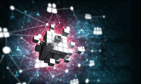 Concept of Internet and networking with digital cube figure on dark background Stock Illustration