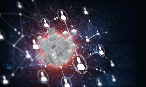 Concept of Internet and networking with digital cube figure on dark background Stock Illustration