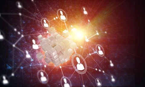 Concept of Internet and networking with digital cube figure on dark background Stock Illustration