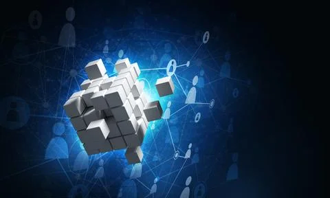 Concept of Internet and networking with digital cube figure on dark background Stock Illustration