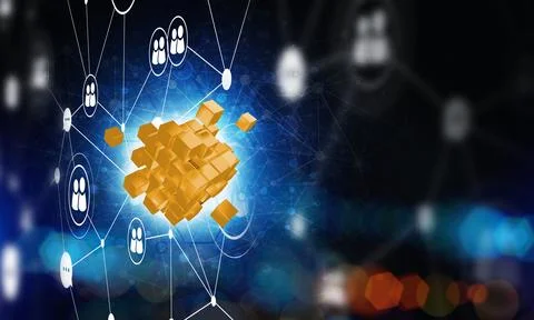 Concept of Internet and networking with digital cube figure on dark background Stock Illustration