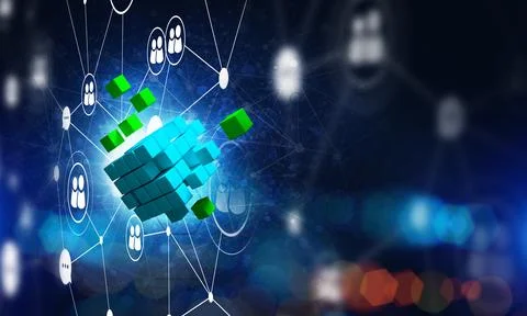Concept of Internet and networking with digital cube figure on dark background Stock Illustration