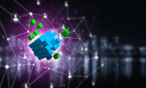 Concept of Internet and networking with digital cube figure on dark background Stock Illustration