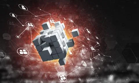 Concept of Internet and networking with digital cube figure on dark background Stock Photos