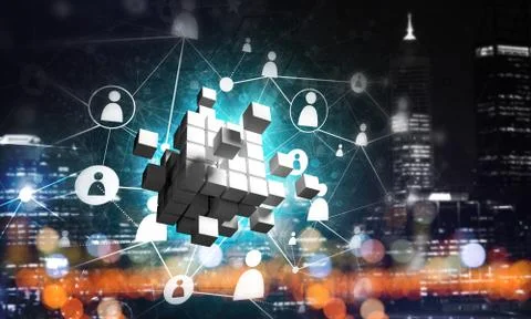 Concept of Internet and networking with digital cube figure on dark background Stock Photos