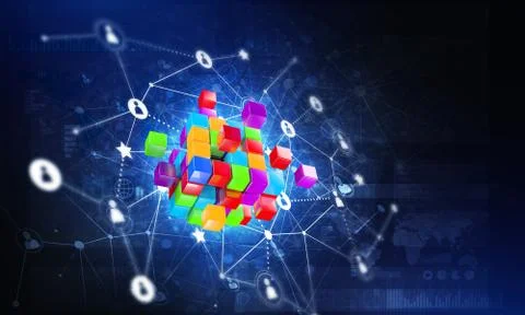 Concept of Internet and networking with digital cube figure on dark background Stock Photos