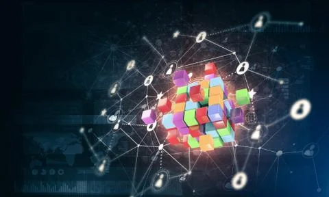 Concept of Internet and networking with digital cube figure on dark background Stock Photos