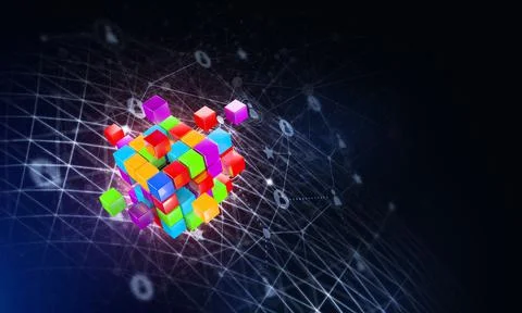 Concept of Internet and networking with digital cube figure on dark background Stock Photos