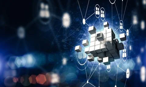 Concept of Internet and networking with digital cube figure on dark background Stock Photos