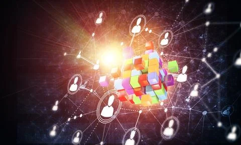 Concept of Internet and networking with digital cube figure on dark background Stock Photos