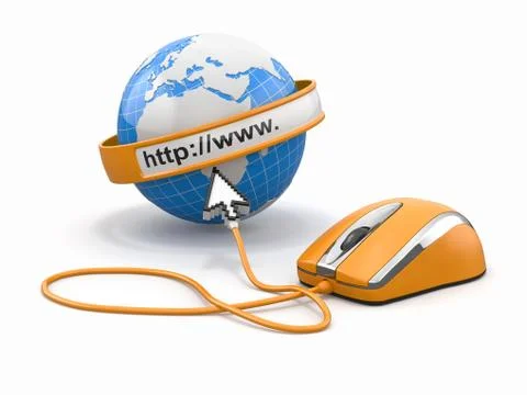 Concept of internet browser. earth, cursor and computer mouse. 3d Illustrazione stock