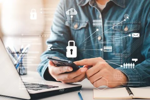 Concept Internet security and cyber network. businessman's hand works with a  Stock Photos