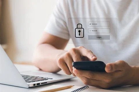 Concept Internet security and cyber network. businessman's hand works with .. Stock Photos