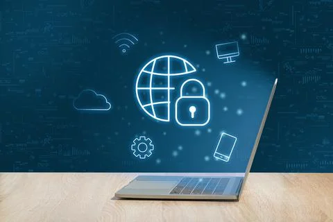 The concept of internet security in different remote services. Laptop with icons Stock Photos