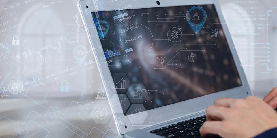 Concept of IoT Connectivity with Data Visualization on a Laptop Screen Stock Photos