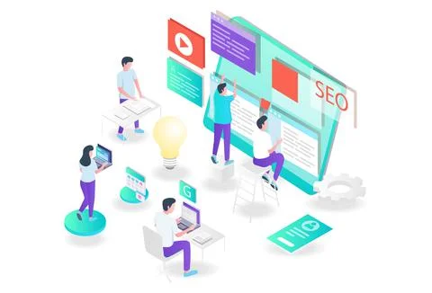 The concept of isometric flat illustration seo optimization and web developer Stock Illustration
