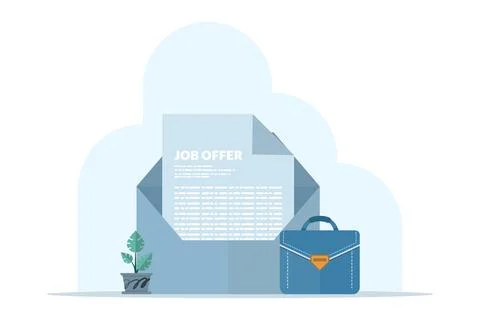 Concept job offer document in big blue envelope. email letter with briefcase. Stock Illustration