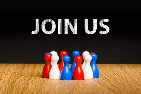 Concept for join us, join our team with white chalk text. Red white blue pawn Stock Photos
