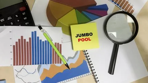 Concept of Jumbo Pool write on sticky notes isolated on Wooden Table. Stock Photos