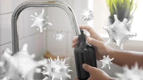 Concept of Killing Bacteria or Coronavirus Covid-19 by Using Antiseptic to Ha Stock Footage 127096765