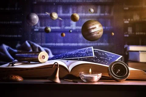 Concept of knowledge of universe with book planets and library Stock Photos