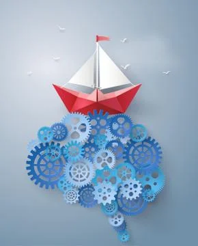 Concept of leader vision and thinking, paper boat sailing float on the brain. Stock Illustration