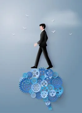 Concept of leader vision and thinking, business man walking on the brain gear. Stock Illustration