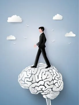 Concept of leader vision and thinking, business man walking on the brain gear. Stock Illustration