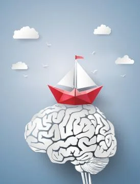 Concept of leader vision and thinking, paper boat sailing float on the brain. Stock Illustration