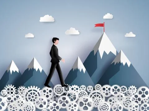 Concept of leader vision and thinking, business man walking on the gear . Stockillustratie