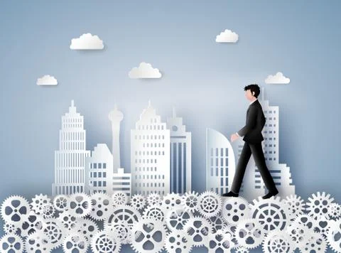 Concept of leader vision and thinking, business man walking on the gear . Stockillustratie