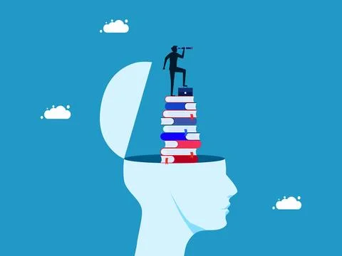 Concept of learning and business vision. man with binoculars on stack of book Stock Illustration