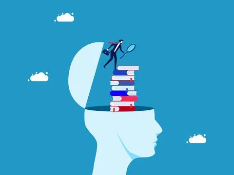 The concept of learning and research. Businessman with magnifying glass on st Illustrazione stock