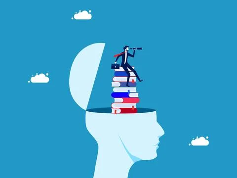 The concept of learning and vision. Businessman with binoculars on stack of b Stock Illustration