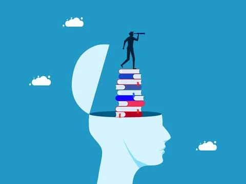 The concept of learning and vision. man with binoculars on stack of books in  Illustrazione stock