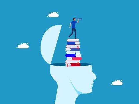 The concept of learning and vision. man with binoculars on stack of books in  스톡 일러스트