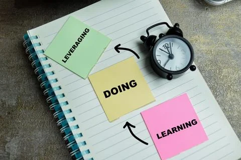Concept of learning, doing, leveraging write on sticky notes Stock Photos