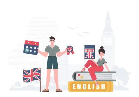 The concept of learning English. Man and woman English teacher. Trendy cart.. Stock Illustration