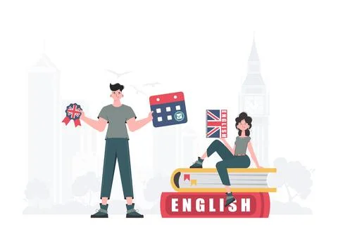 The concept of learning English. Man and woman English teacher. Flat modern.. Stock Illustration