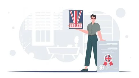 The concept of learning English. A man holds an English dictionary and a cert 스톡 일러스트