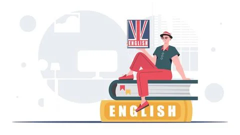 The concept of learning English. A man sits on books and holds an English dic Illustrazione stock