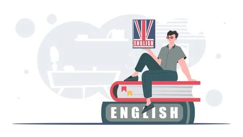 The concept of learning English. A man sits on books and holds an English dic 스톡 일러스트