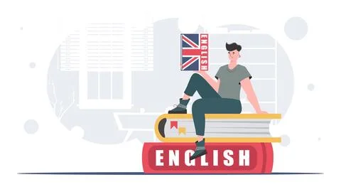 The concept of learning English. A man sits on books and holds an English dic Illustrazione stock