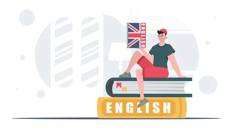 The concept of learning English. A man sits on books and holds an English dic Illustrazione stock
