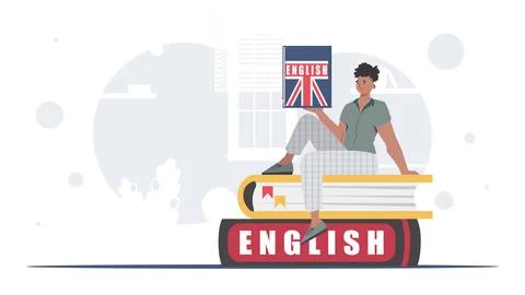The concept of learning English. A man sits on books and holds an English dic Illustrazione stock