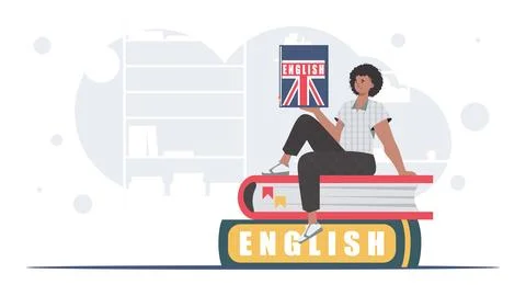 The concept of learning English. A man sits on books and holds an English dic Illustrazione stock