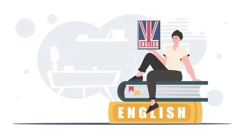 The concept of learning English. A man sits on books and holds an English dic Illustrazione stock