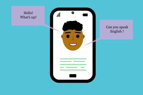 Concept of learning languages: mobile phone with human face and questions a.. Illustrazione stock