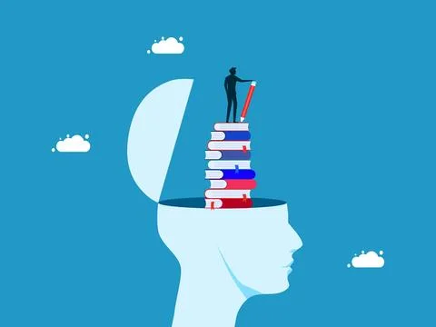 Concept of learning. man with pencil on stack of books in human head Stock Illustration