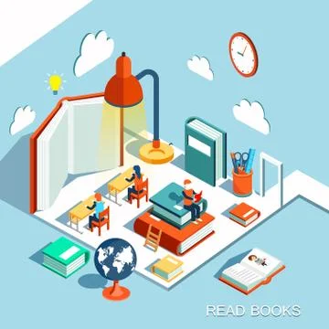 The concept of learning, read books in the library, isometric flat design Stock Illustration
